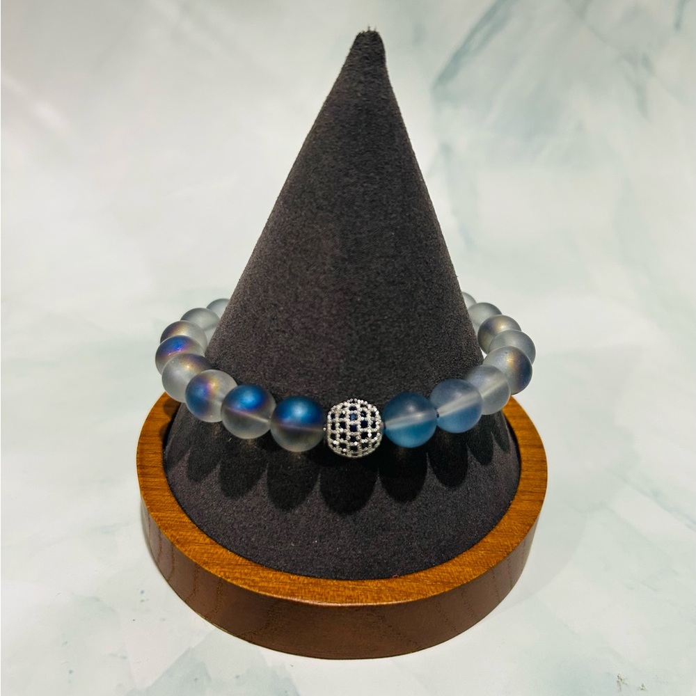 Beaded Blue Frosted Glass Stretch Bracelet with Pave Accent